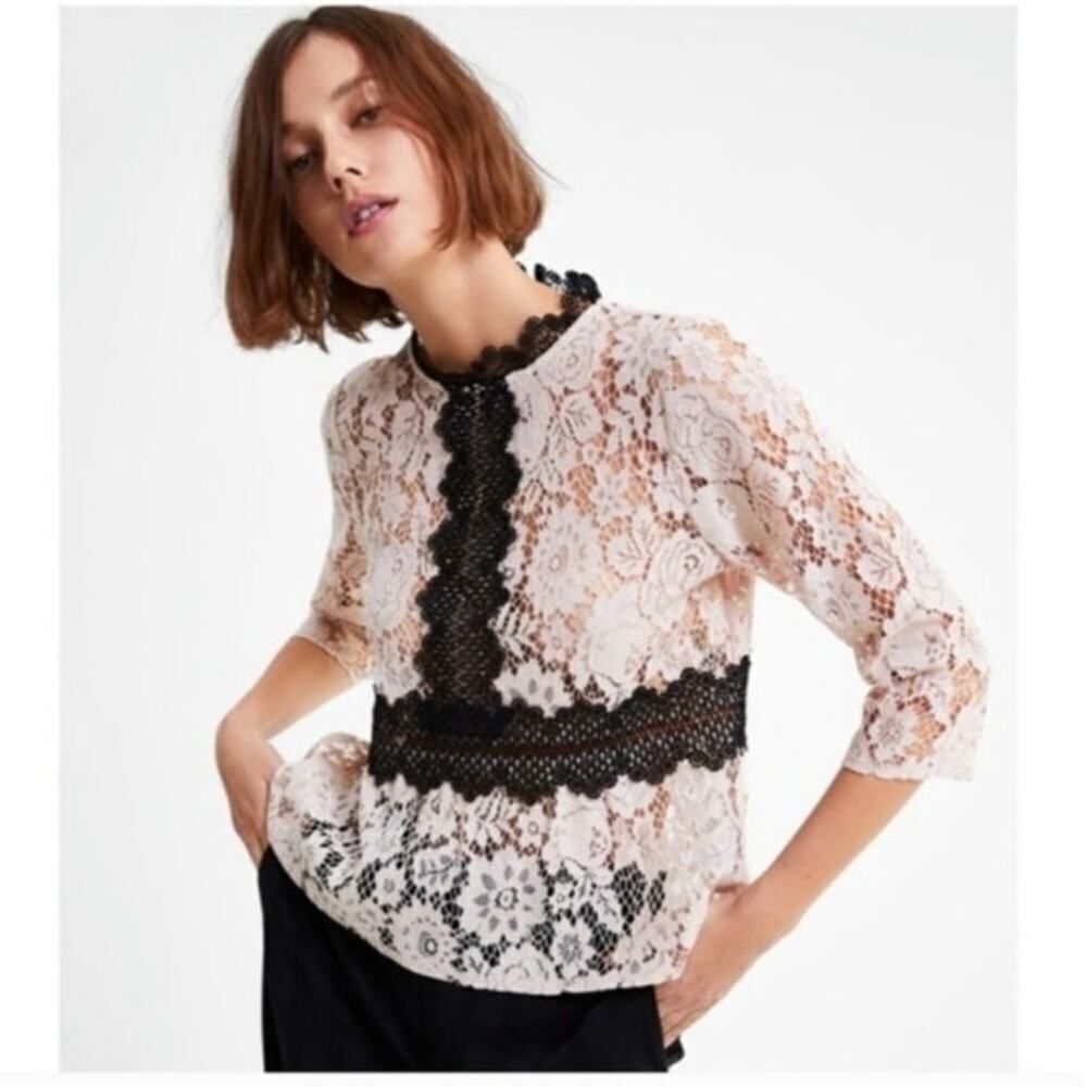 Zara Beige & Black Contrast Trim Lace Peplum Blouse Femme Old Money Style Size S